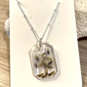 82. Delicate Lavender and beach sand Resin Pendant Necklace - Silver Chain
